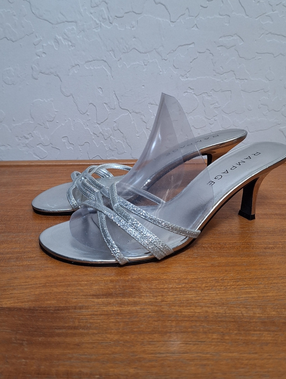 Rampage Silver Mirrored Kitten Slide Heels Glitter Strappy Mid Heel Womens 8